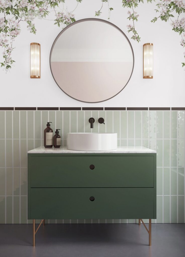 White clematis hanging floral wallpaper mural above bathroom vanity