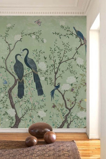 Mint green chinoiserie wallpaper mural with birds and blossom in period hallway