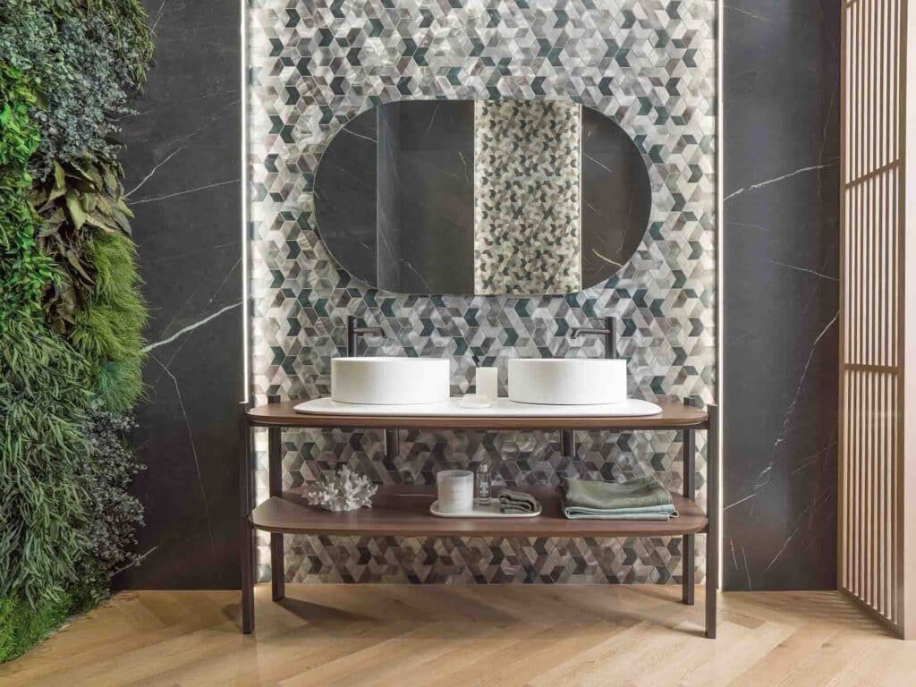 Hexagon mosaic tile feature wall behind bathroom double vanity
