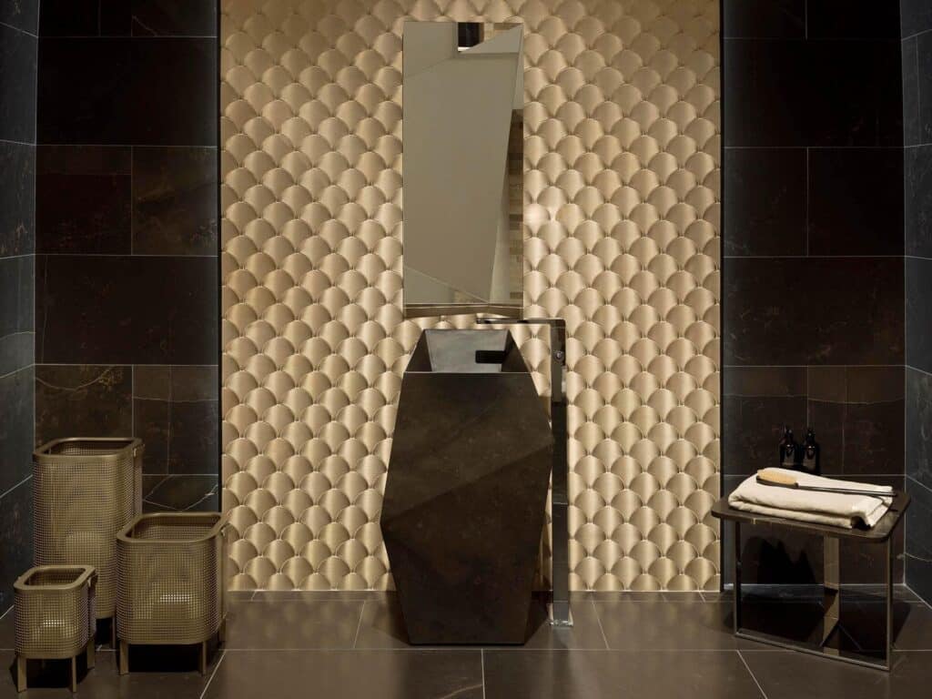 Scalloped gold metallic tile feature wall bathroom