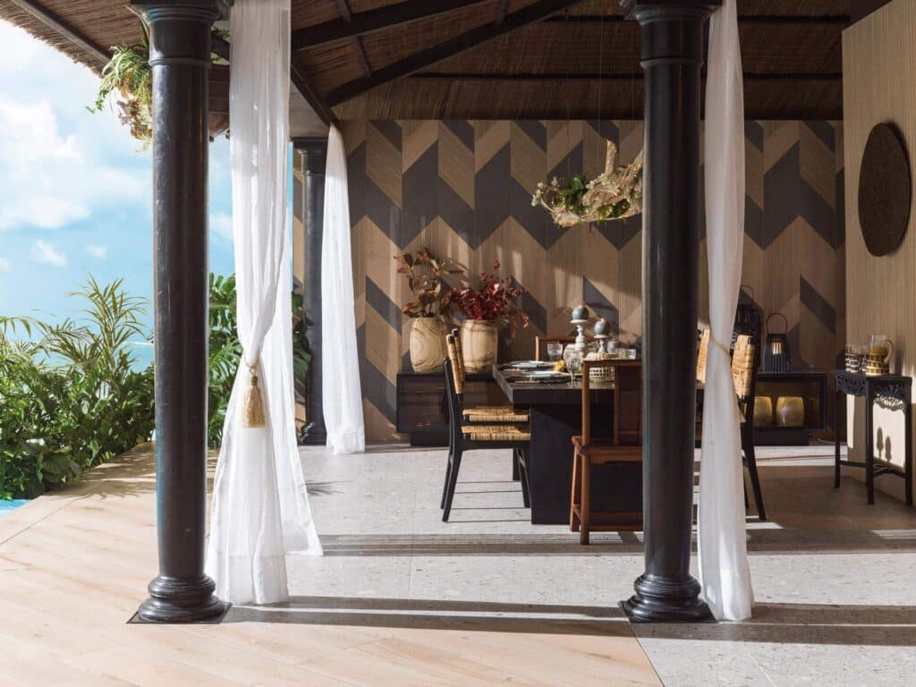 3D chevron textured tile feature wall in outdoor dining pergola