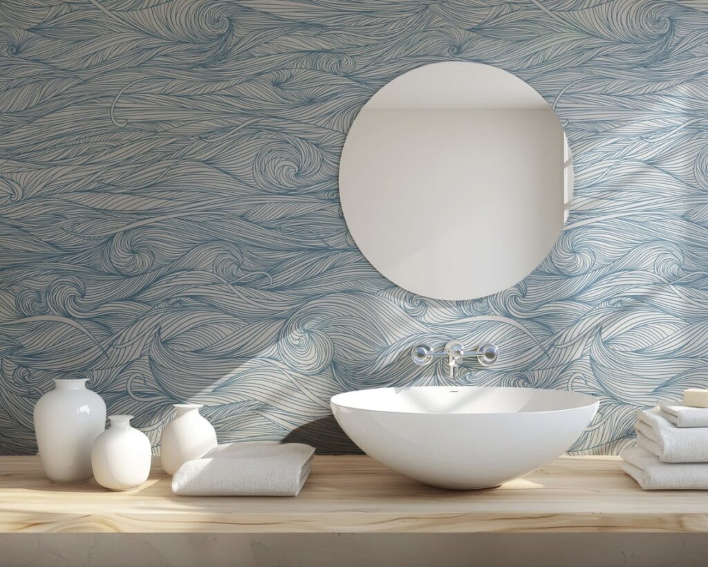Stylish budget small bathroom ideas showcasing a serene blue swirls removable wallpaper, enhancing the room’s aesthetic at an affordable cost. This image exemplifies innovative small bathroom ideas on a budget with a minimalistic white basin and simple wooden shelf, offering inspiration for cost-effective bathroom upgrades.