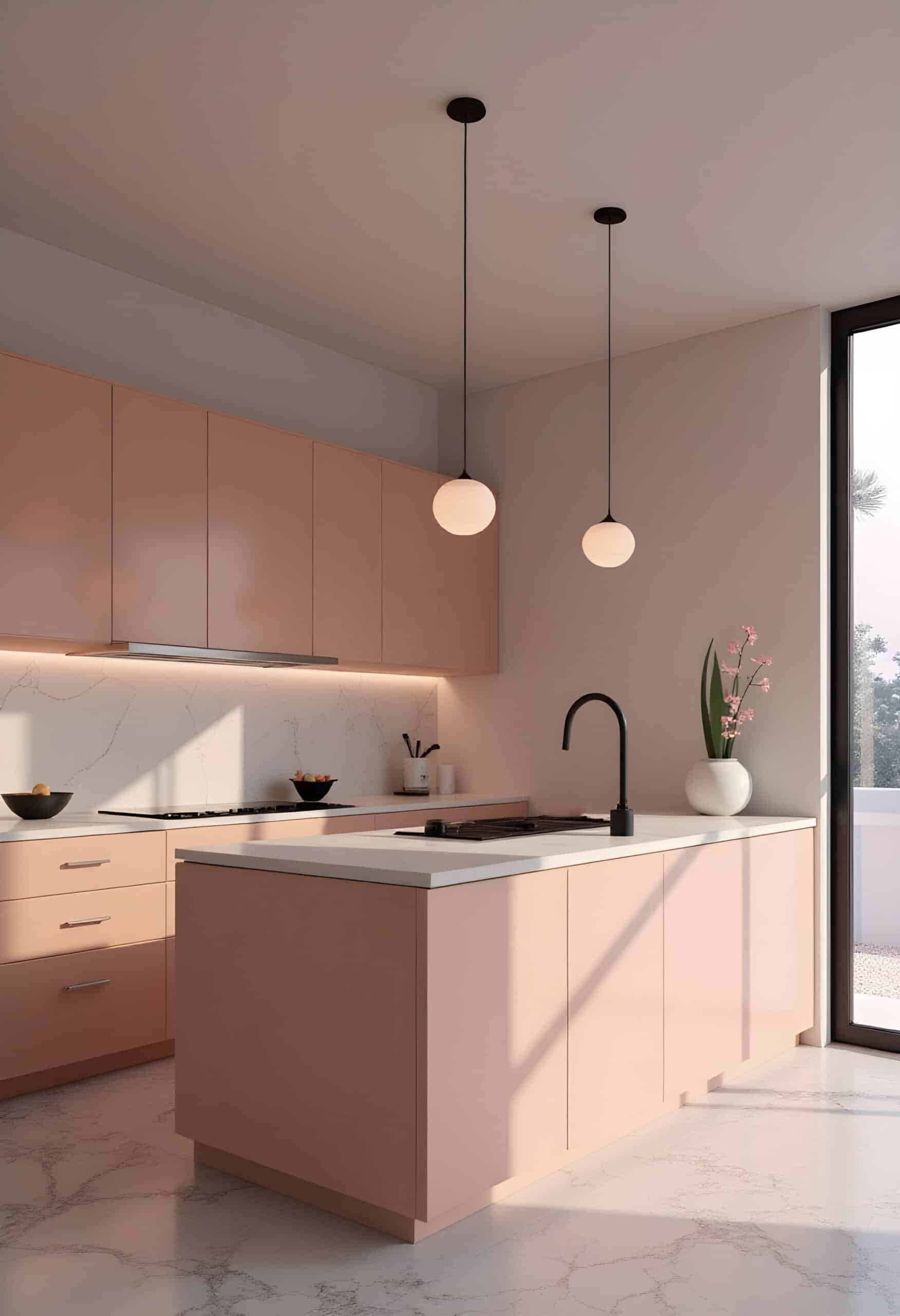 Modern pink kitchen cabinets with warm neutral tones