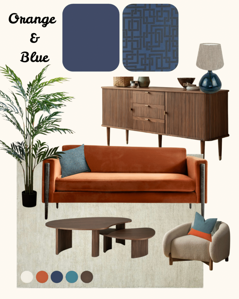 Burnt orange and navy living room moodboard featuring a rust velvet sofa, deep blue paint and patterned wallpaper swatches, walnut sideboard, neutral rug, blue lamp, accent cushions and a plant.