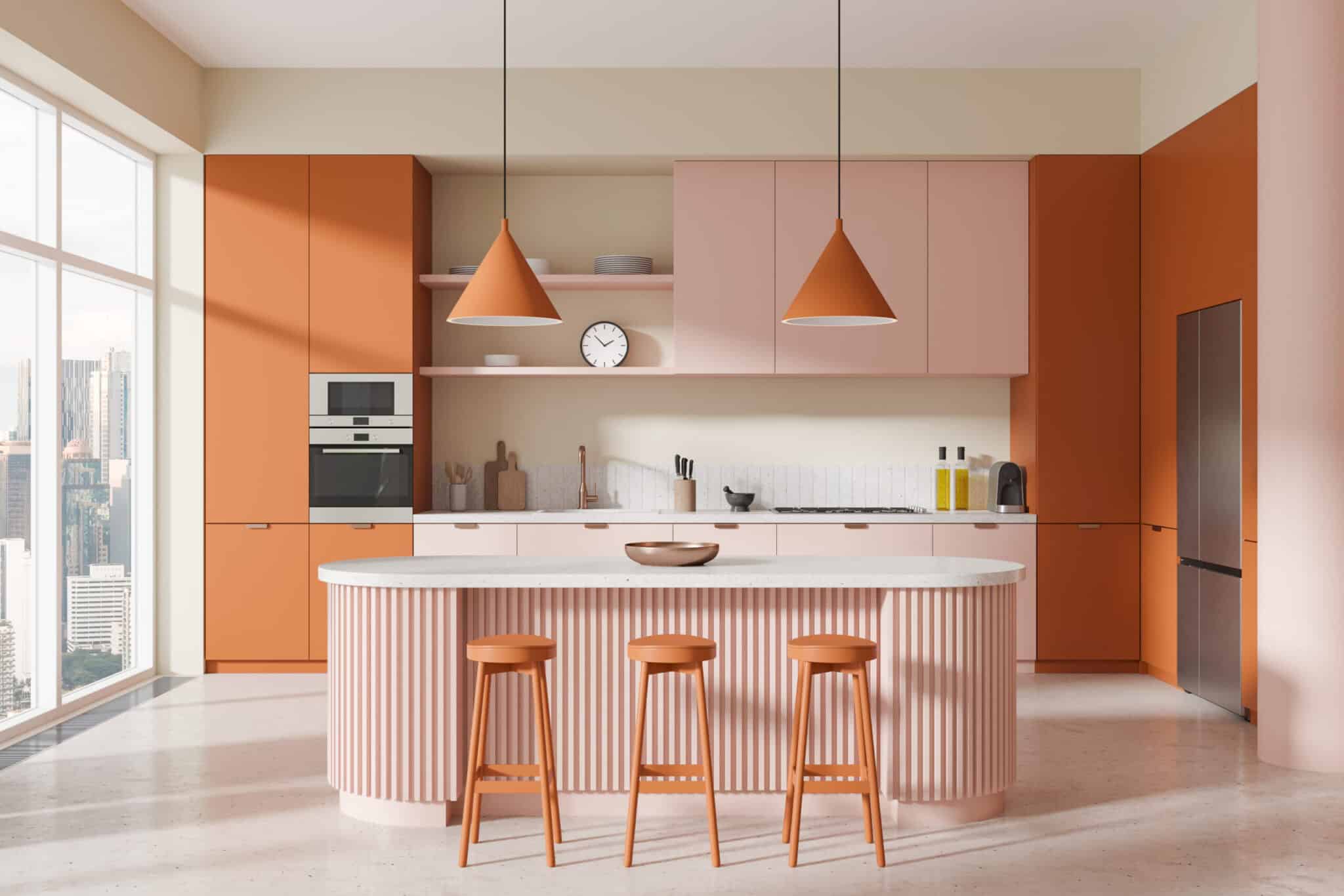 Pink kitchen with island and bar stools