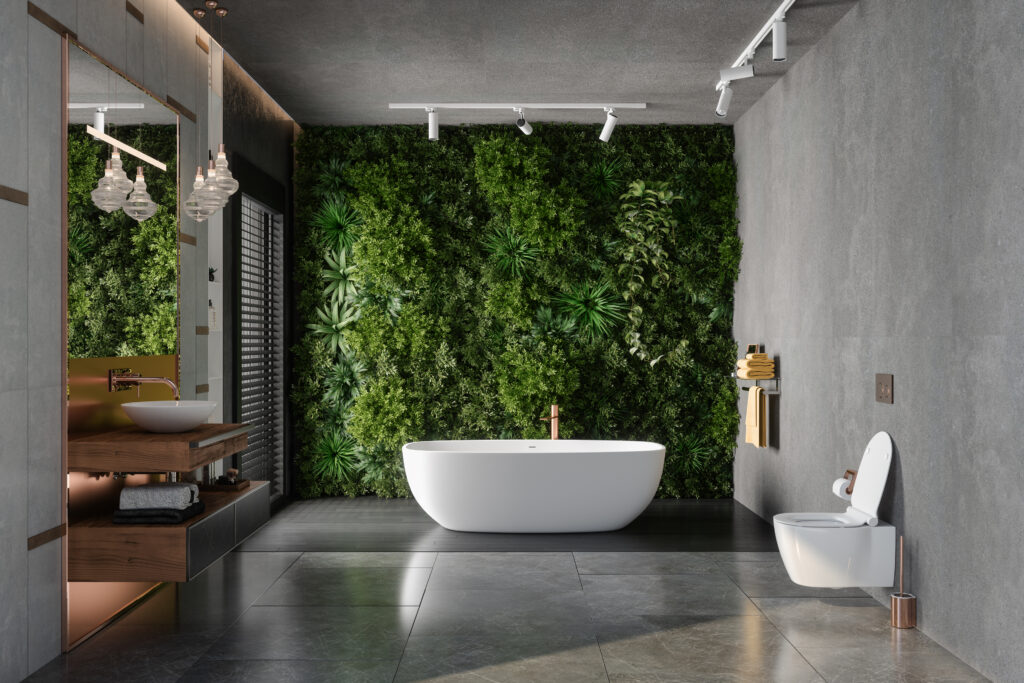 Luxury bathroom with a vertical garden feature wall, a freestanding bathtub, modern fixtures, and a sleek, minimalist design. A perfect blend of nature and contemporary elegance.