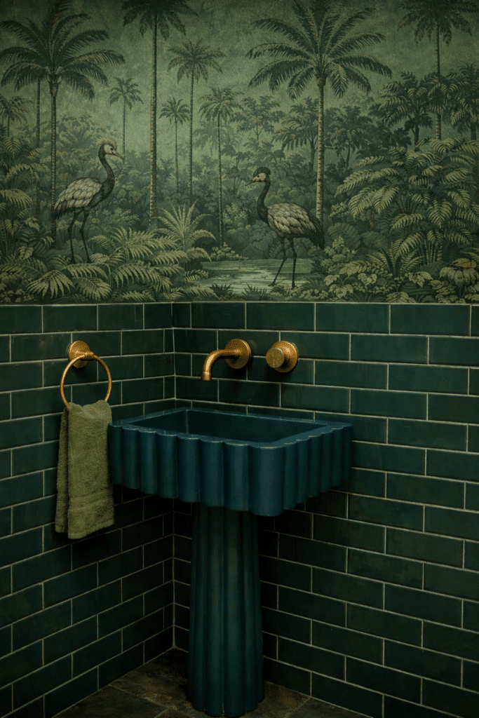 Moody green coloured bathroom basin with scalloped pedestal, glossy green wall tiles, brass wall-mounted tap and crane palm wallpaper.