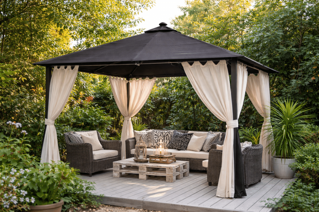 garden shade ideas with gazebo, curtains and outdoor seating area