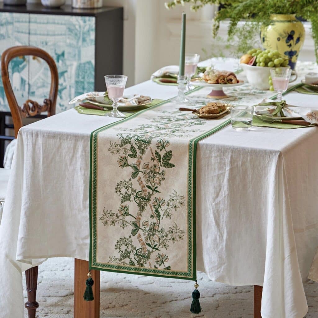 botanical embroidered table runner styled on a spring table setting