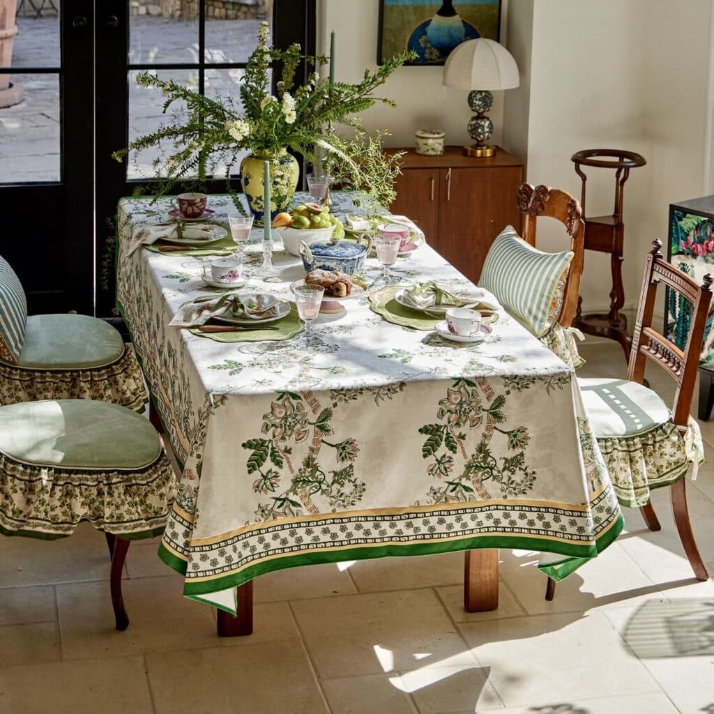 botanical green floral tablecloth styled for an elegant spring table setting