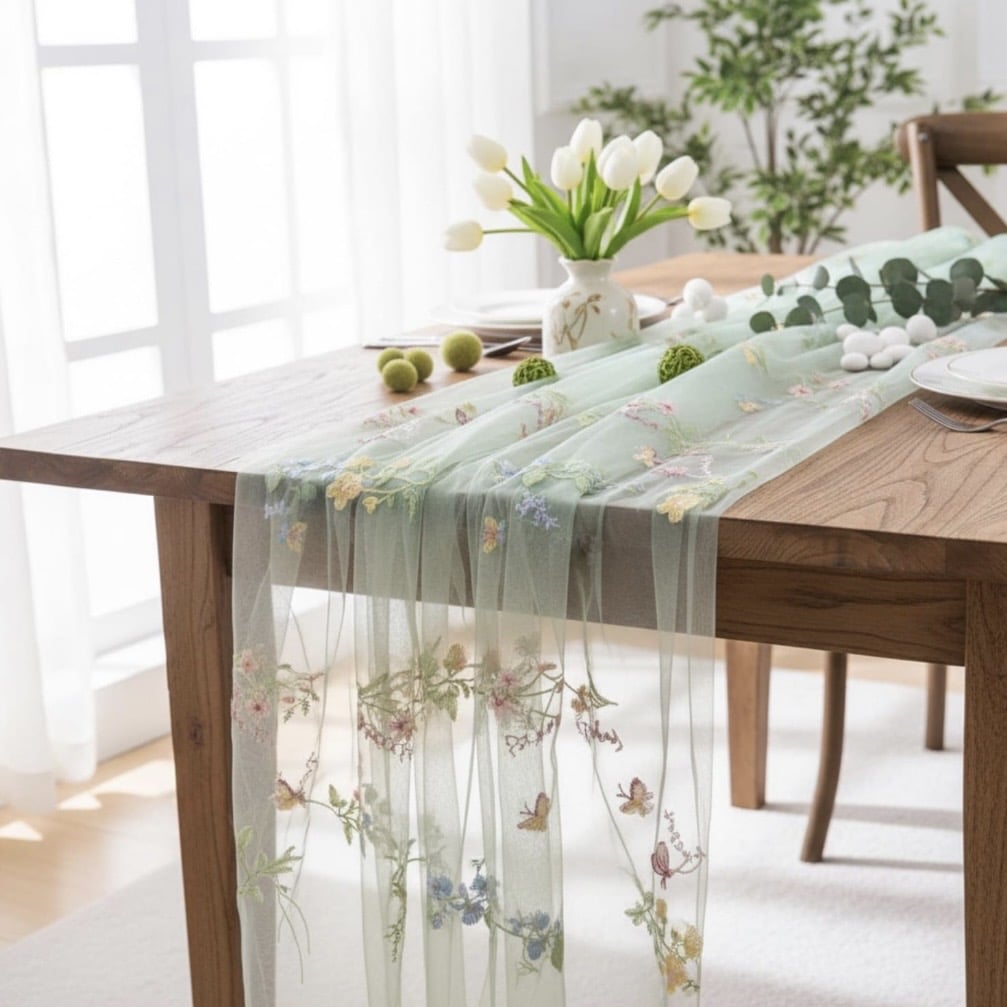 spring table setting with sheer floral embroidered table runner