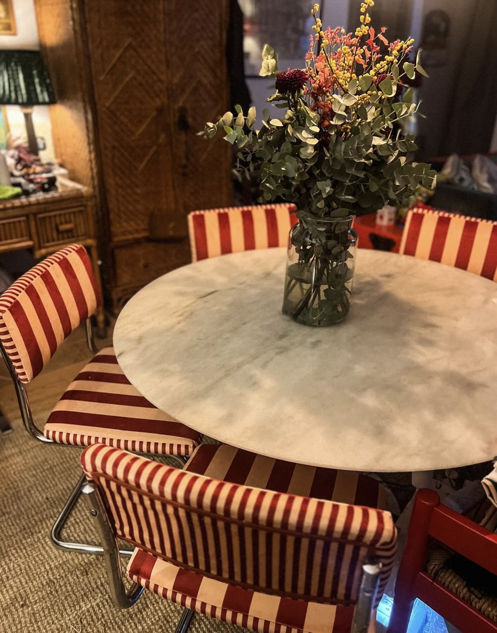 Vintage red and white striped dining chairs with marble table – artisan furniture from Made and Found Homeware on Etsy