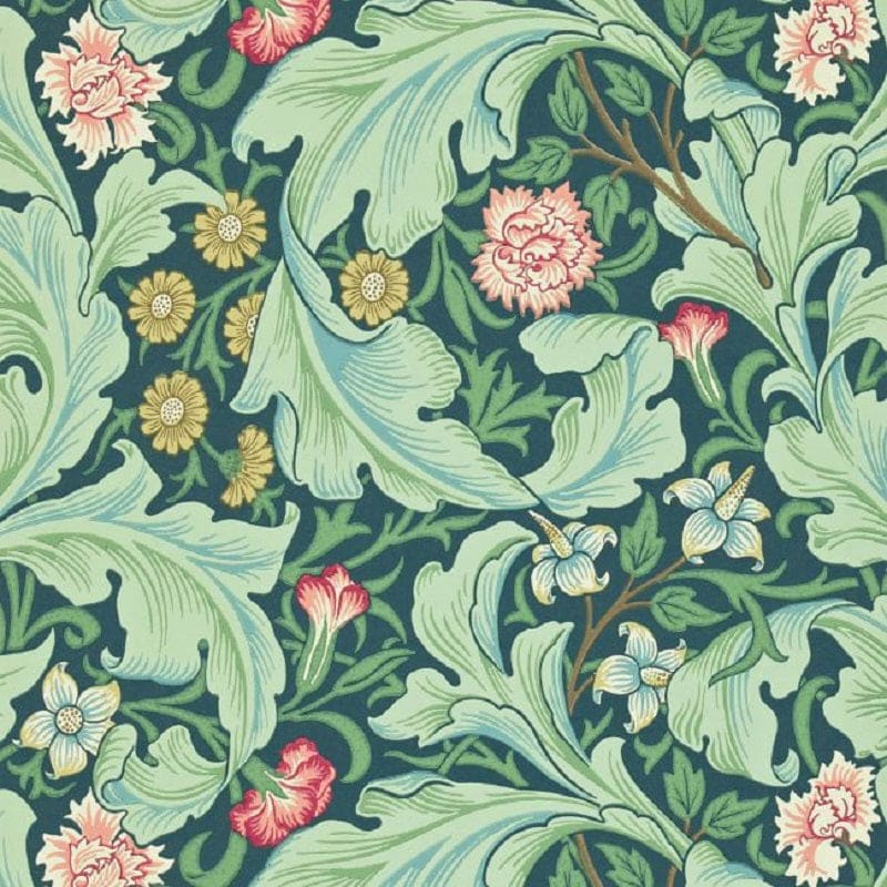 Morris & Co Leicester wallpaper in Woad/Sage featuring acanthus leaves and small florals