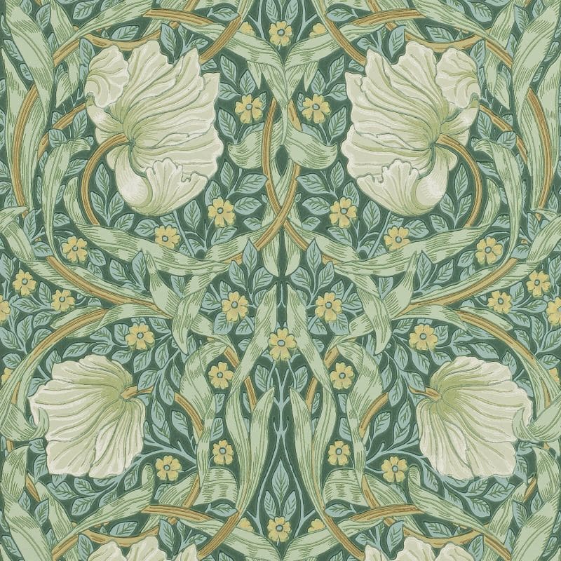 Morris & Co Pimpernel green floral wallpaper in Privet/Slate with interlocking foliage design