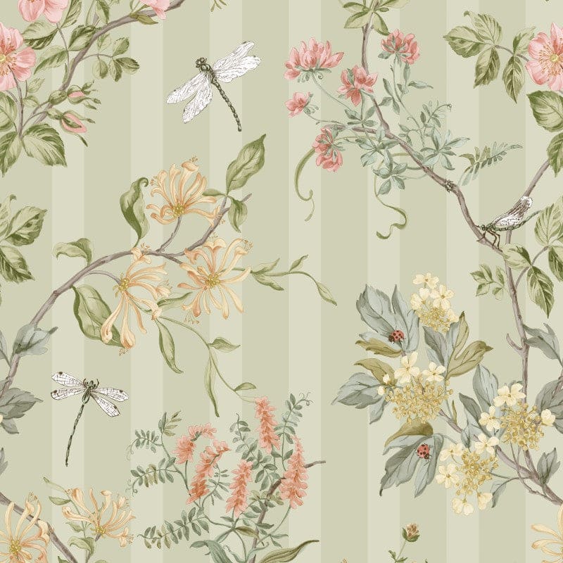 Camberley Floral Trail green floral wallpaper in a traditional living room setting