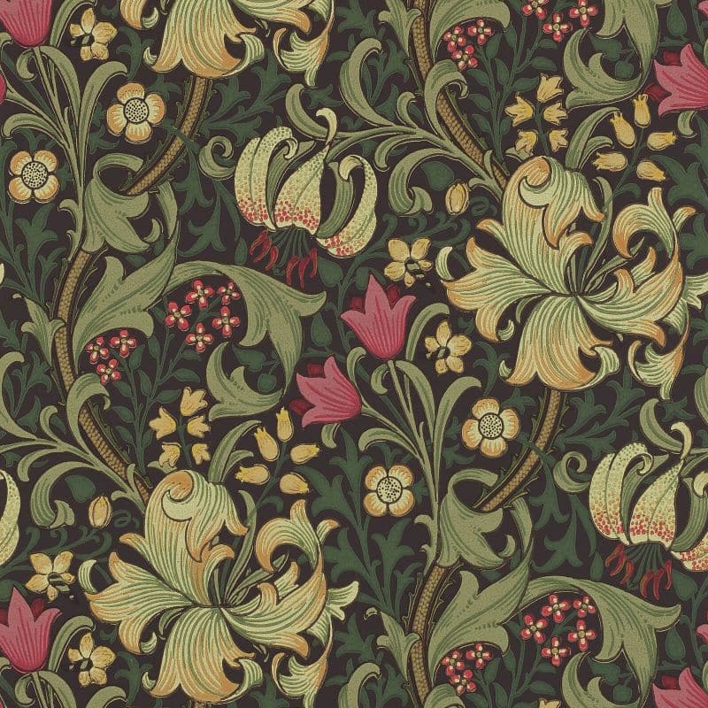 Morris & Co Golden Lily wallpaper in Charcoal/Olive with gilded lily pattern on dark ground