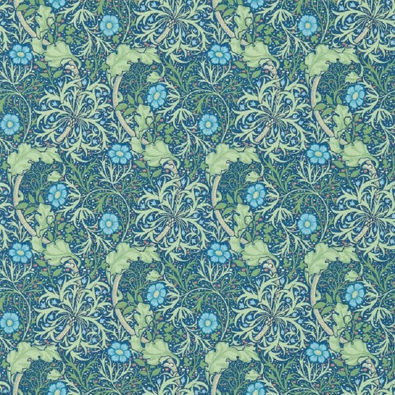 Morris & Co Seaweed wallpaper in Cobalt/Thyme with jewel-toned interlocking floral design