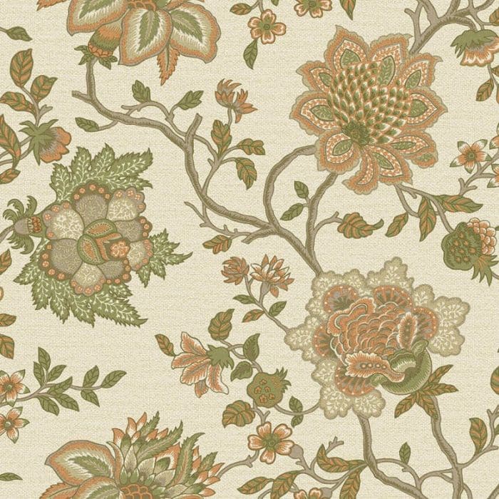 Regan Jacobean wallpaper in Orange Sage with a traditional floral scroll pattern