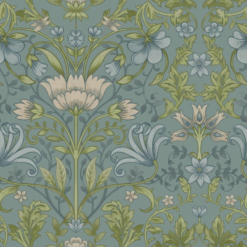 Emiliana Vintage Floral wallpaper in soft blue-green with Arts and Crafts style print