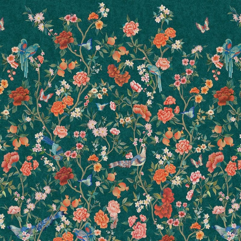 Imperial Gardens floral wall mural in teal with birds, butterflies and peonies