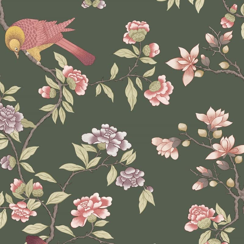 Little Greene Aderyn wallpaper in Olive Colour with chinoiserie bird and blossom scene