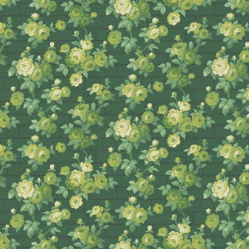 Little Greene Rose Garden wallpaper in Puck with cream roses on a green trellis ground