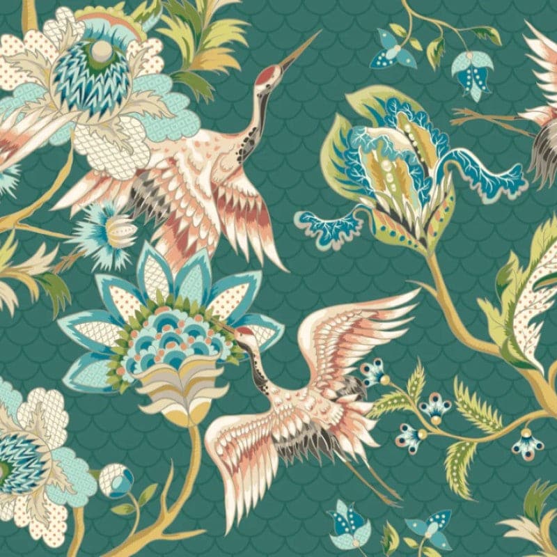 Origin Cranes in Flight green floral wall mural with chinoiserie birds and botanicals