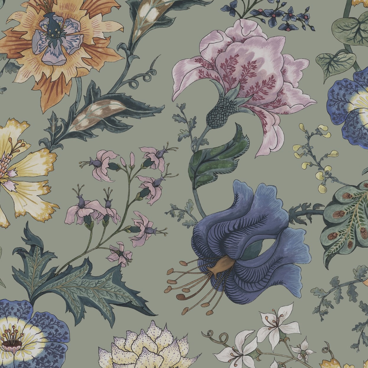 Detailed close-up of green floral wallpaper with hand-painted botanical illustrations in bold colours.