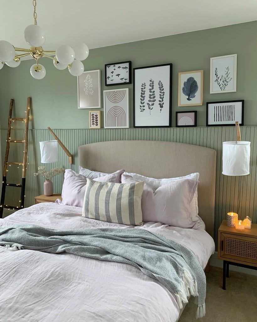 Budget bedroom ideas: panelling with gallery wall above in Farrow and Ball Vert de Terre @farrowandball
