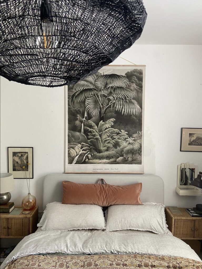 Budget bedroom ideas: large botanical canvas wall hanging above bed as headboard alternative HouseofDevonshireGB Etsy