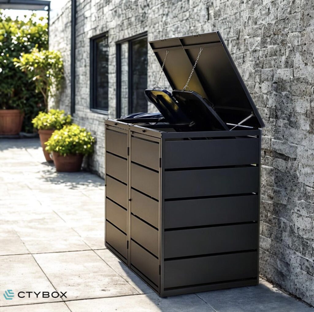 Modern black metal wheelie bin storage unit with lift-up lid – sleek and secure wheelie bin storage solution