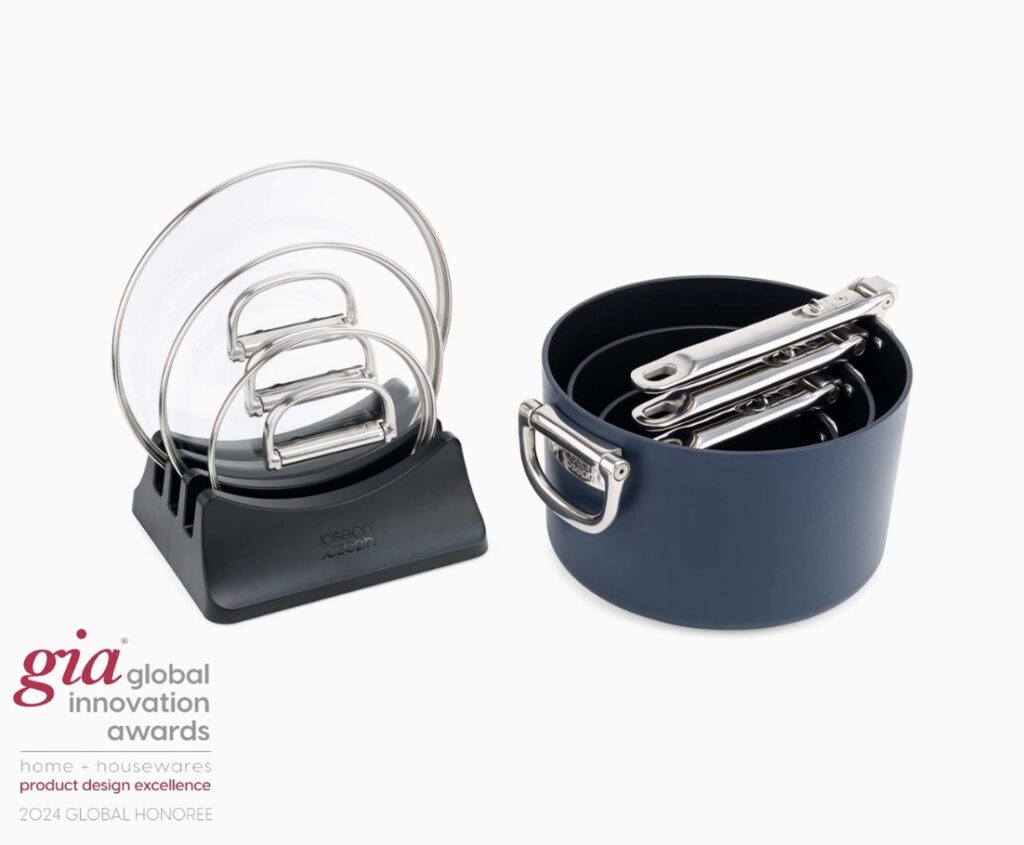 Joseph Joseph folding saucepan set in midnight blue, ideal for small kitchen storage