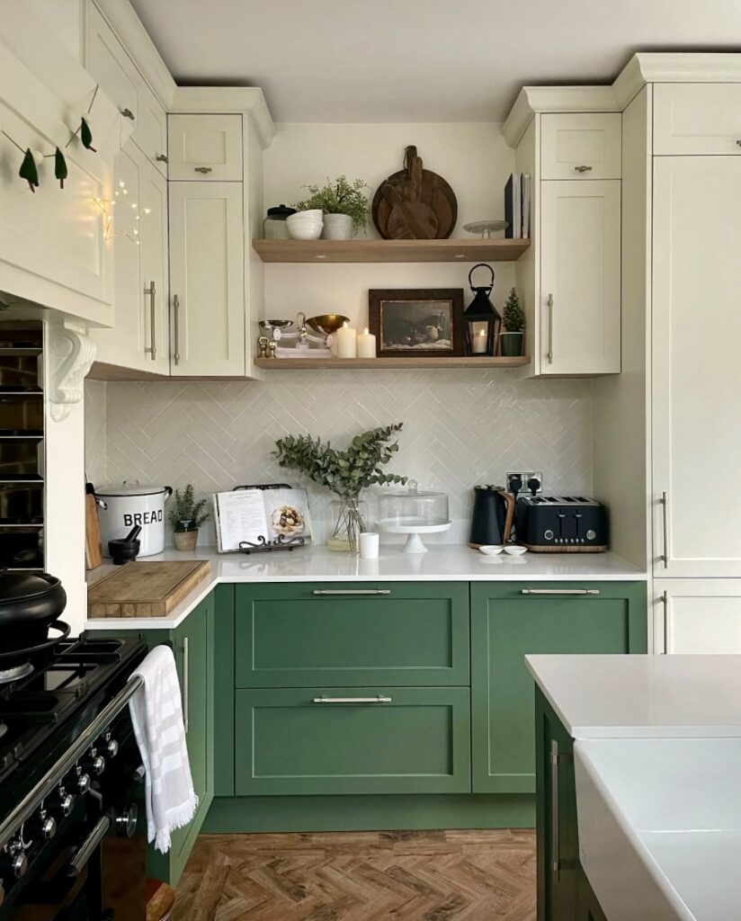 Small kitchen ideas with Farrow & Ball Minster Green base units and James White upper cabinets