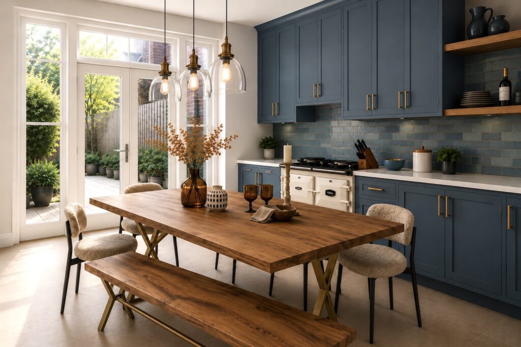 AI visualisation of a coastal kitchen diner with Hague Blue shaker cabinets, Porcelanosa zellige tile backsplash, AGA range cooker, brass hardware and oak dining table with bouclé chairs — AI visualisation created by Artisan Haus.