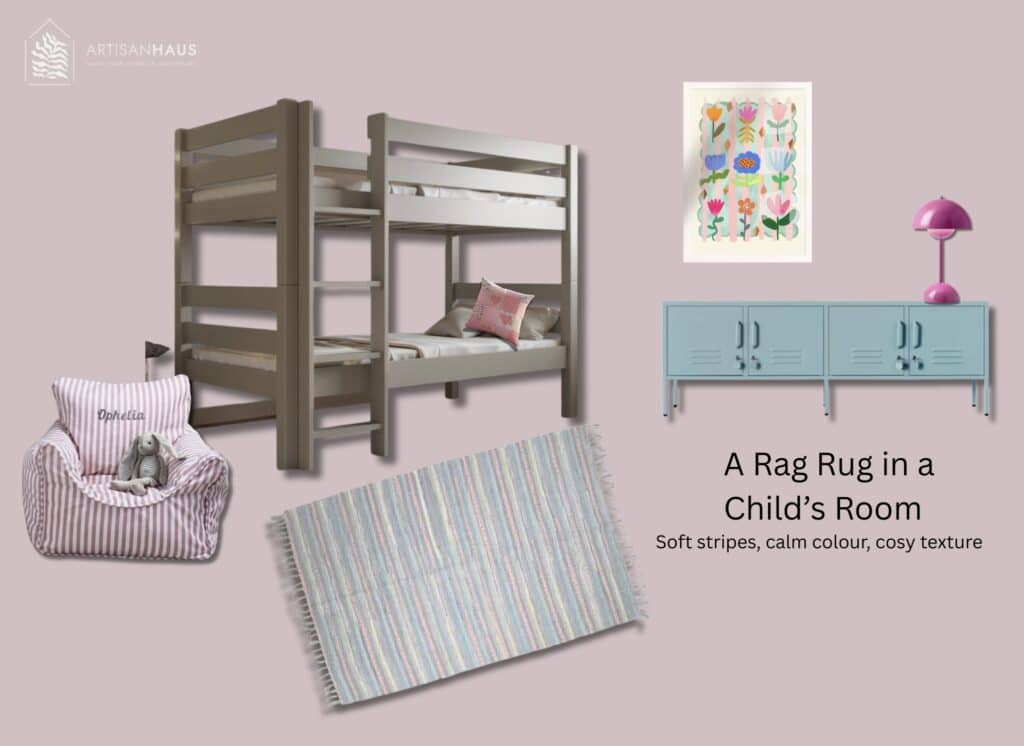 Rag rug moodboard for a child’s room with soft striped rag rug, bunk bed, blue cabinet, pink lamp and colourful wall art.