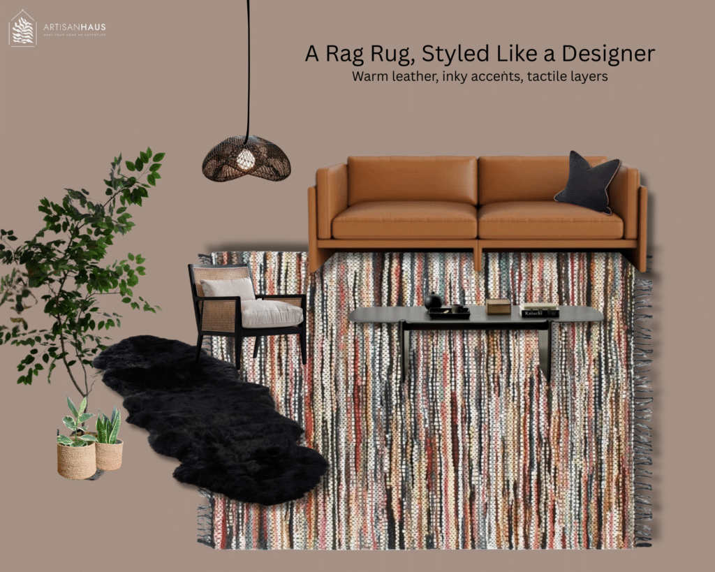 Moodboard showing a rag rug styled with a tan leather sofa, black coffee table, rattan chair and black lighting