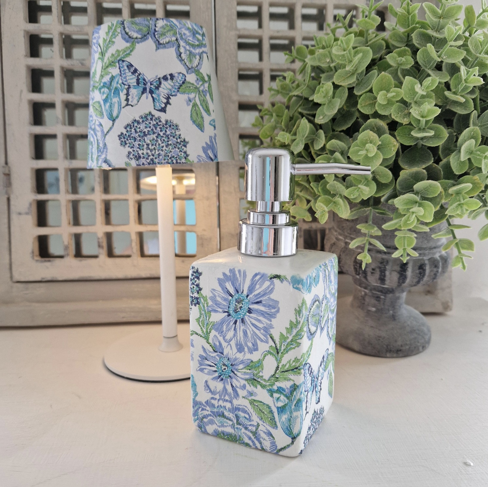 Blue floral decoupage ceramic soap dispenser with matching mini lamp, British handmade — bright coloured sofas