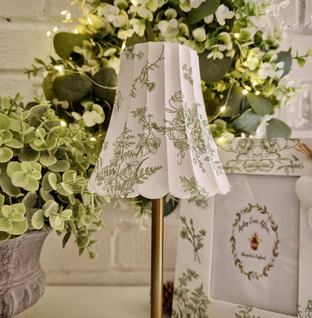 Green botanical illustration decoupage USB lamp with scalloped shade, British small business — bright coloured sofas