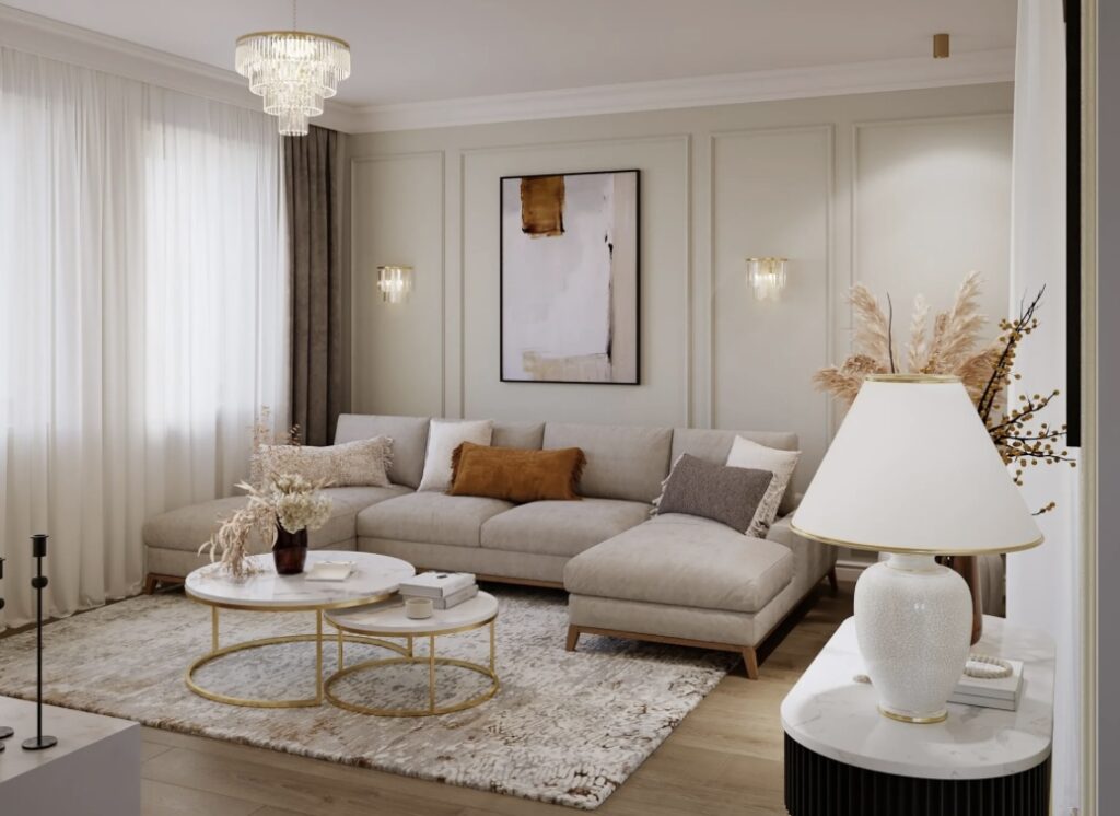 Small living room ideas with Shaded White walls, beige sofa, and gold round coffee tables for a warm and cosy living room design.