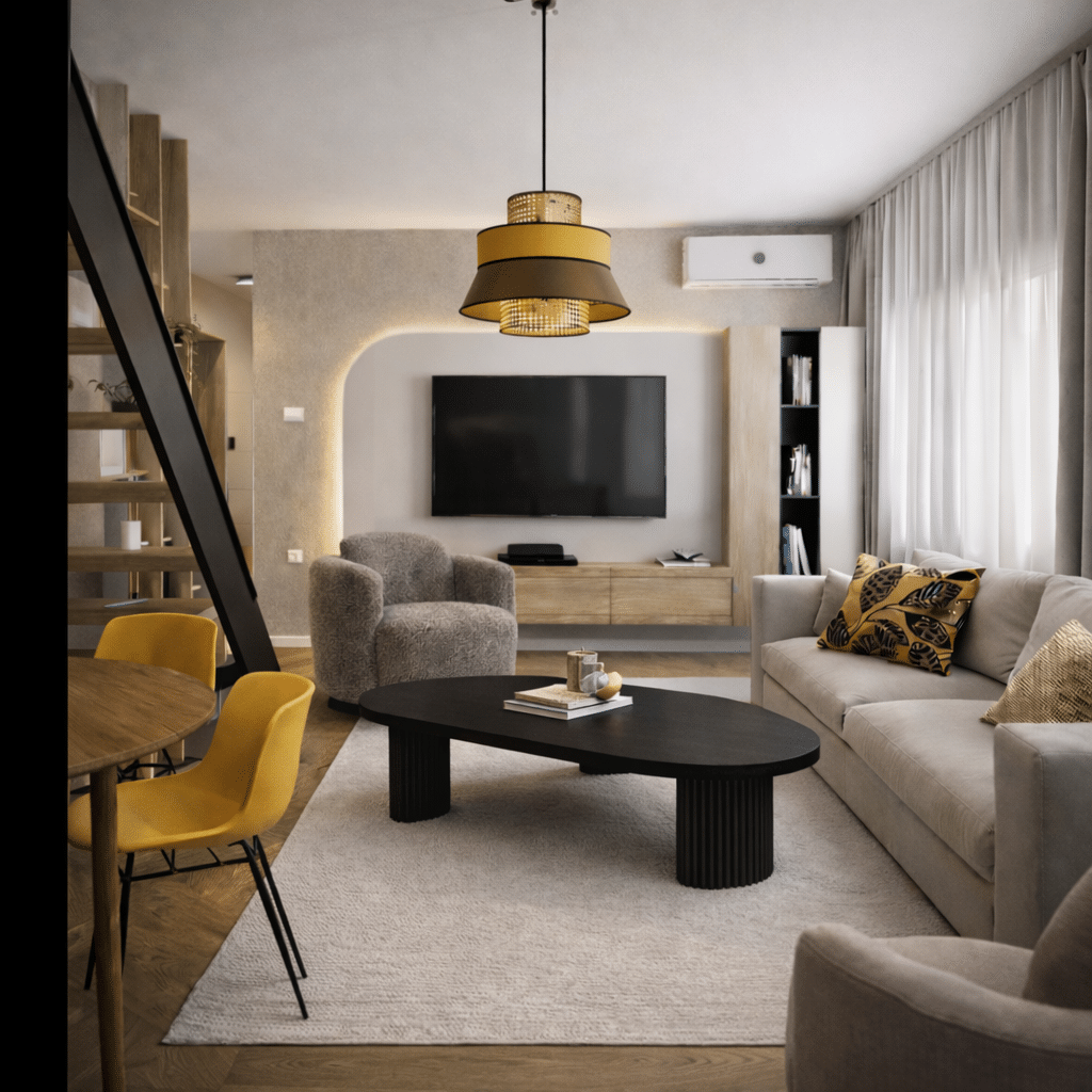 AI visualisation of a small living room layout with a swivel chair, wall-mounted TV, tall storage, and a curved coffee table.