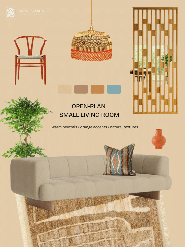 Open-plan small living room moodboard with beige sofa, patterned jute rug, orange chair, rattan pendant and slatted oak room divider in warm neutral tones.