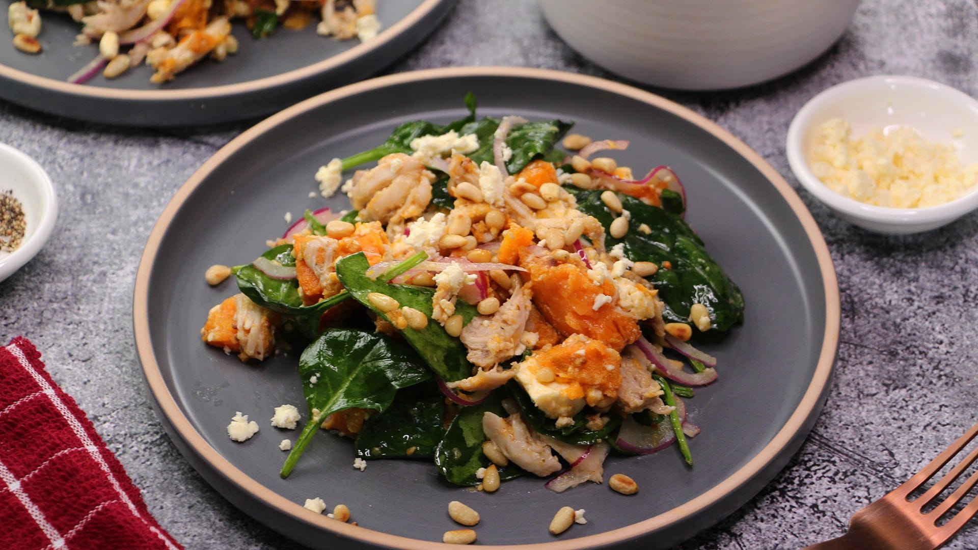 Warm Chicken Salad with Sweet Potato, Spinach and Red Onion for an autumn lunch.