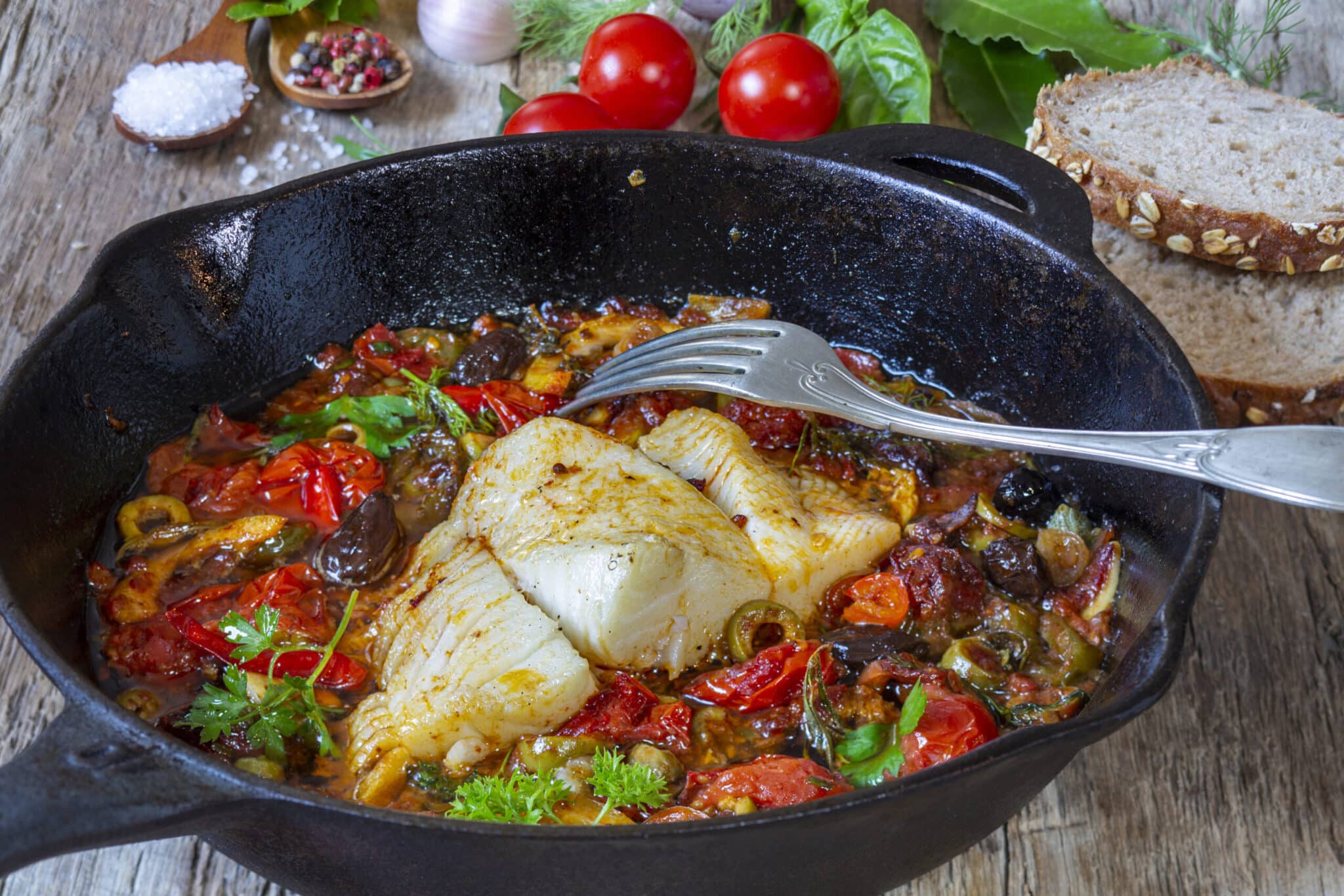 Smoky cod with chorizo in a rich tomato sauce
