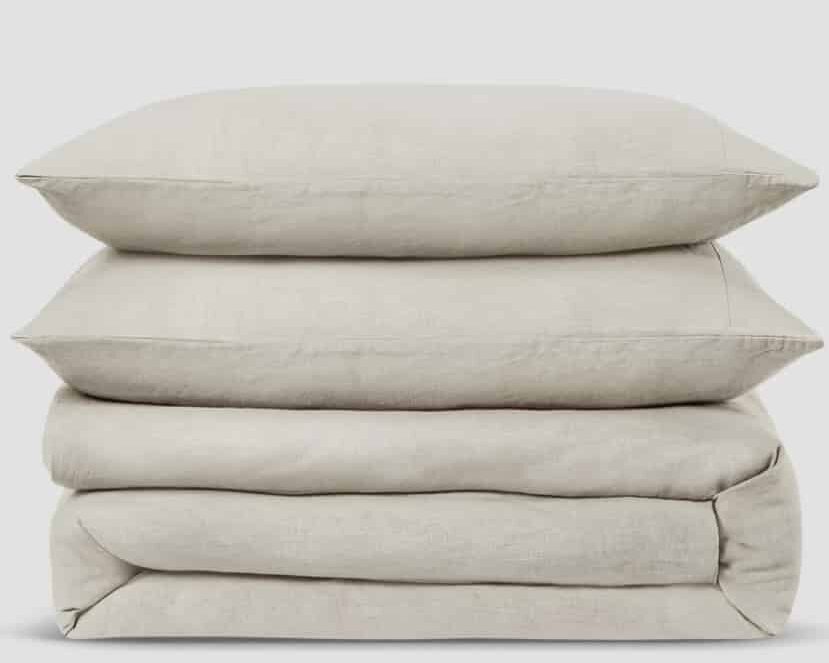 Oatmeal linen-blend duvet set — relaxed neutral bedding for a beige loft bedroom