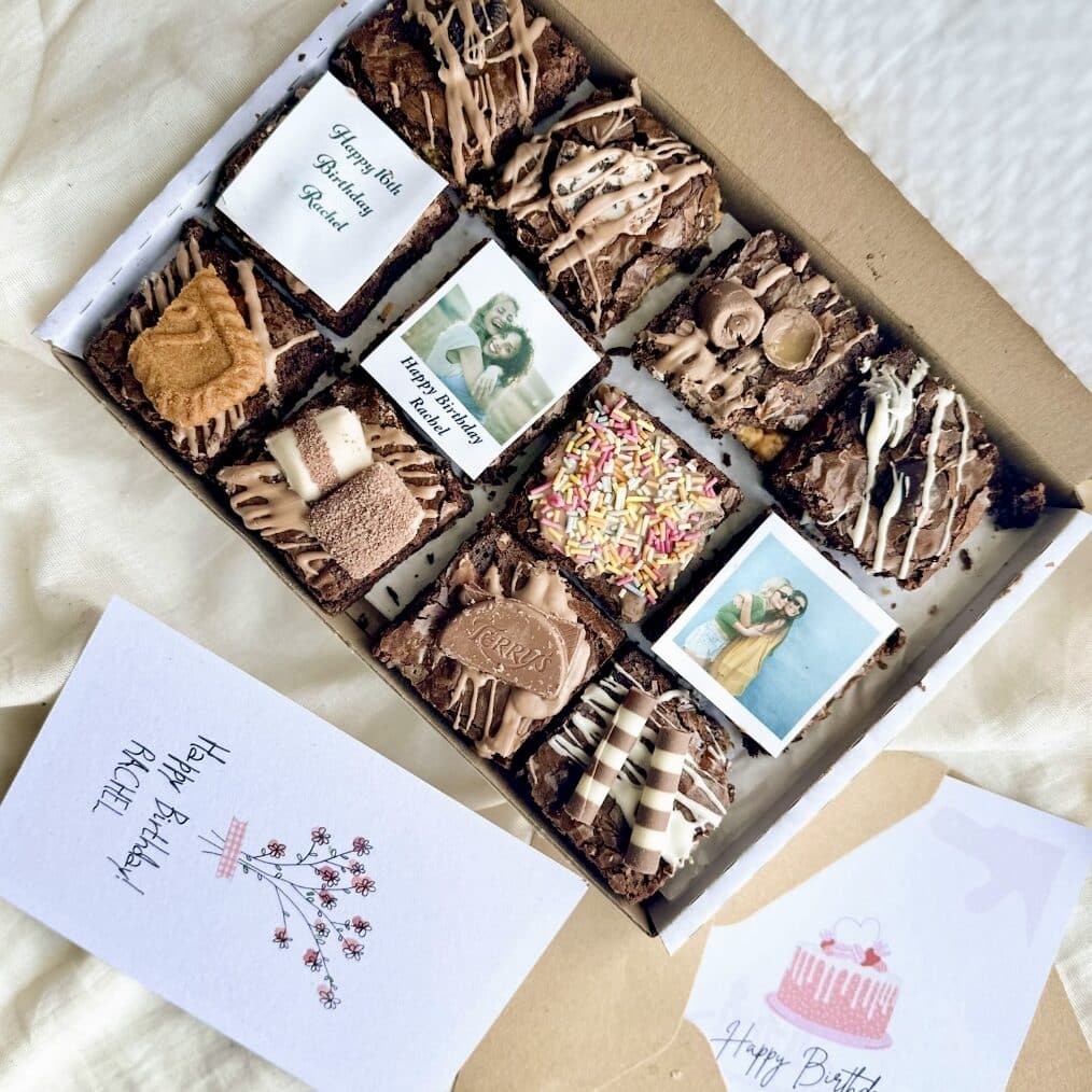 Personalised decorated chocolate brownies in gift box
