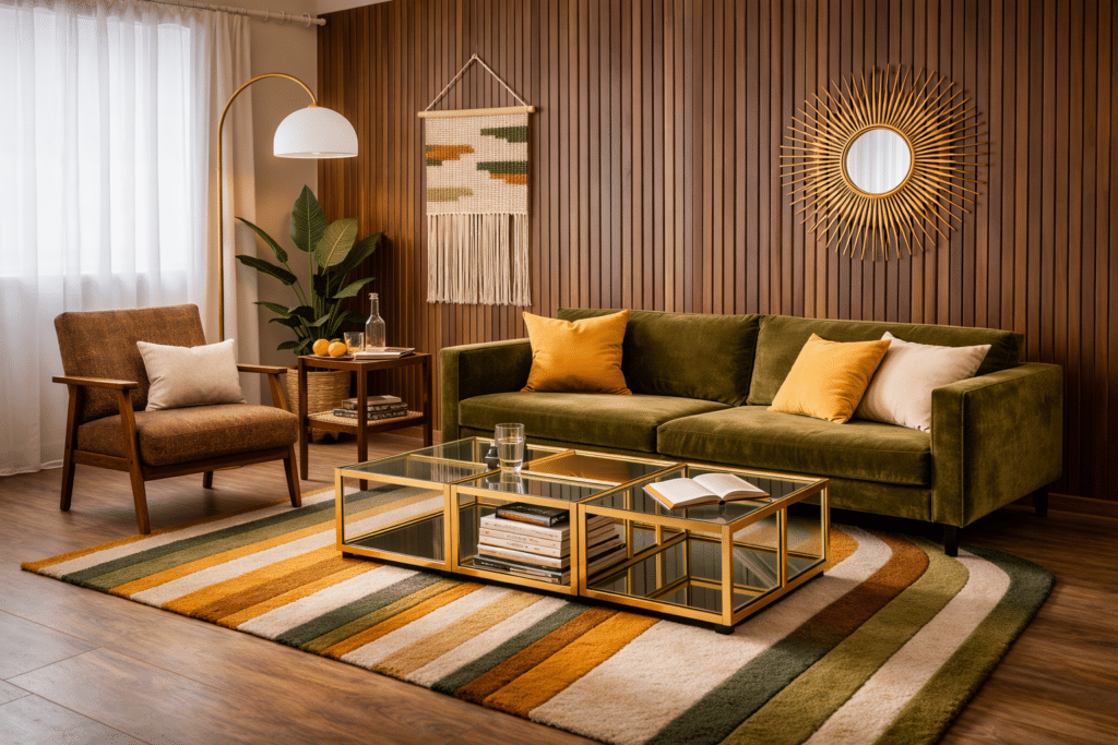 Modern retro living room ideas with an olive velvet sofa, brass and glass coffee table, striped retro rug and warm wood slat feature wall.