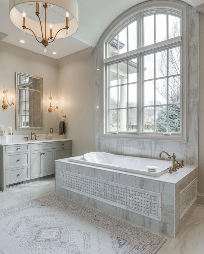 Grey neutral bathroom ideas with Farrow & Ball Mole’s Breath walls, marble bath surround, brass taps and lighting, and a large arched window.