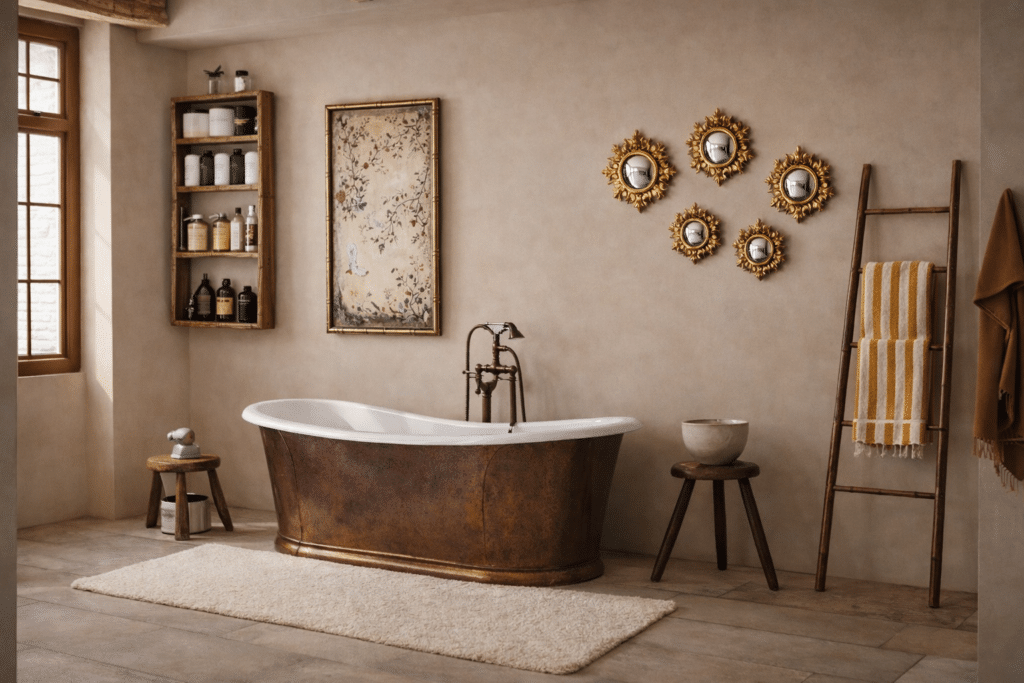 Neutral bathroom accessories visualisation featuring a vintage copper freestanding bath, chinoiserie mirror, five small ornate gold mirrors, dark wooden towel ladder with striped towels, rustic wall shelf and cream bath mat.