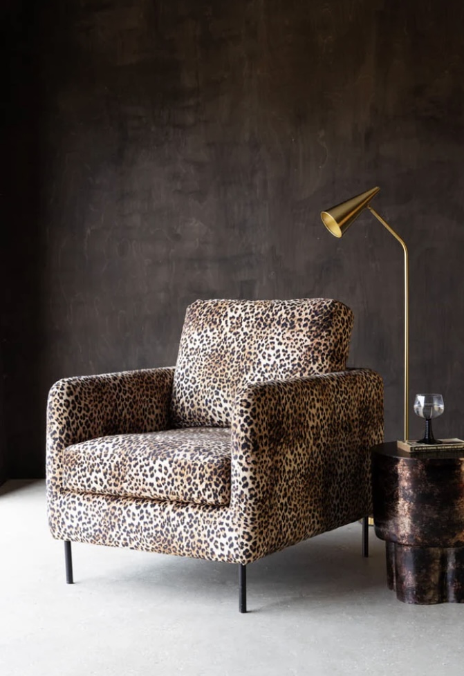 Retro leopard print armchair with gold floor lamp