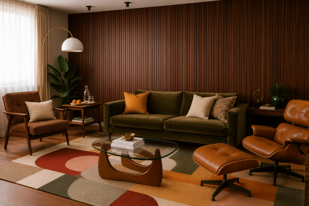 Modern retro living room with olive green velvet sofa, Eames lounge chair in tan leather, Noguchi coffee table and geometric retro rug in terracotta, olive and cream